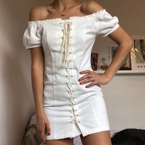 White lace-up off the shoulder mini dress